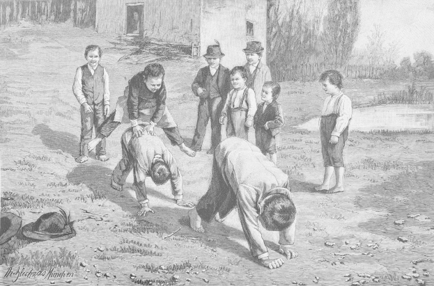 Schwarz-weißes Bild von Kindern auf einem Feld, mit zwei kämpfenden Jungs in der Mitte, während die anderen zuschauen, und einem Hut und Text links.