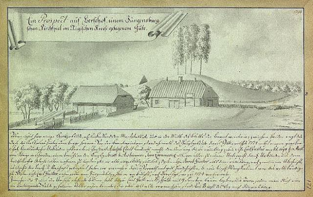 Ein verblichenes Dokument mit der Aufschrift "Surgensburg, Deutschland - Landschaft eines Hofes", das eine ländliche Szene mit einem Bauernhof, Feldern, Häusern, Bäumen und einem Himmel zeigt.