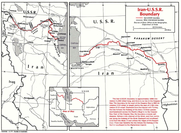Detailierte Plakatkarte der iranisch-sowjetischen Grenze mit Text, die geographische Merkmale und Landesgrenzen zeigt.