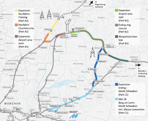 Eine detaillierte Stadtkarte, die eine hervorgehobene Bahnroute von München nach Frankfurt mit markierten Haltestellen, Entfernung und zusätzlicher Bahninformationen zeigt.