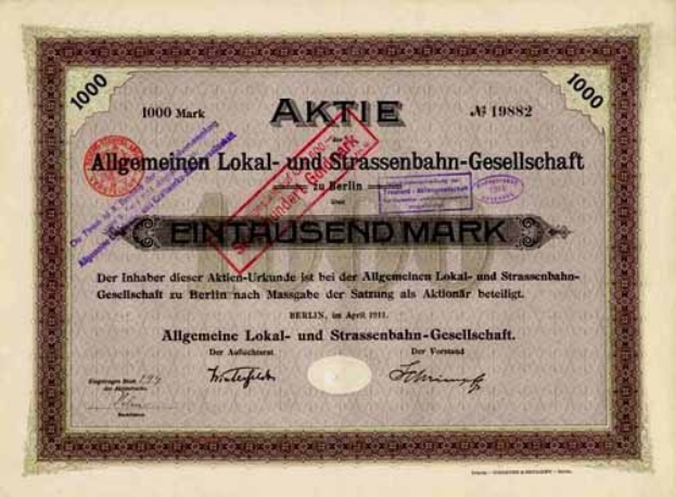 Alter deutscher Aktienchein von der deutschen Regierung ausgestellt, mit gedrucktem Text und numerischen Figuren.