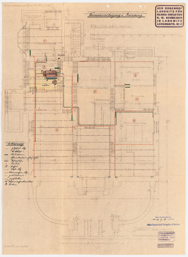 Schwarze und weiße architecturale Zeichnung des Rosenhof-Krankenhauses in Hamburg, Deutschland, zeigt detailliertes Layout mit zahlreichen Drähten, die elektrische oder strukturelle Pläne anzeigen, begleitet von handgeschriebener Text.