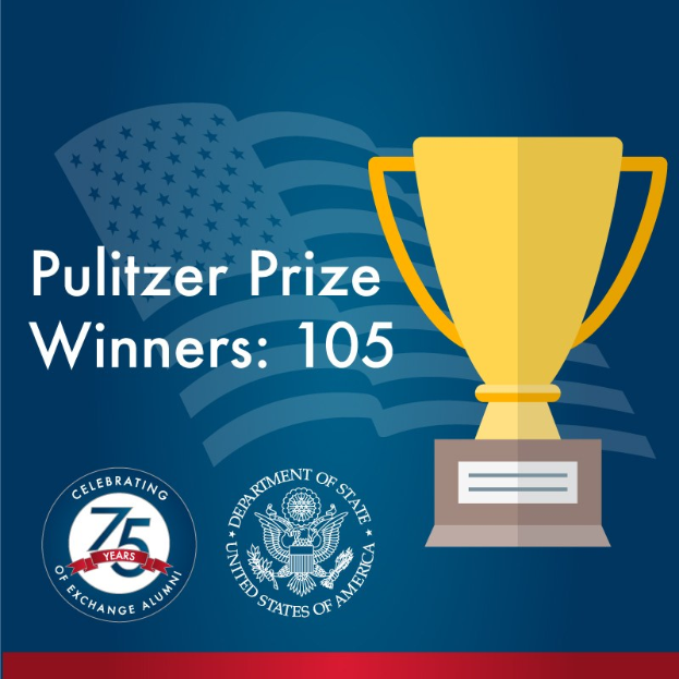 Ein Plakat mit einem zentralen Becher-Symbol umgeben von Text und Logos, mit der Beschriftung "Pulitzer-Preis-Gewinner 105."