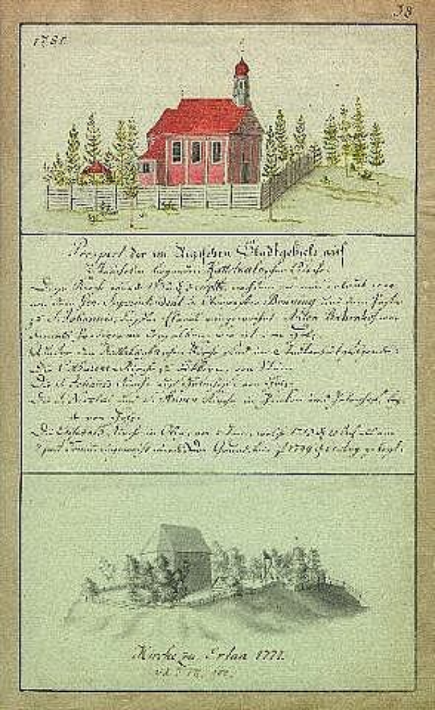 Ein altes Buch mit einer Illustration eines roten Hauses umgeben von Bäumen und einem Zaun, betitelt mit 'Deutsche Schule in den Niederlanden, 1777'.