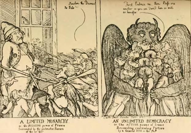 Ein Comic-Strip mit zwei nebeneinander liegenden Illustrationen und Text, der eine beschränkte Monarchie und eine unbeschränkte Demokratie vergleicht.