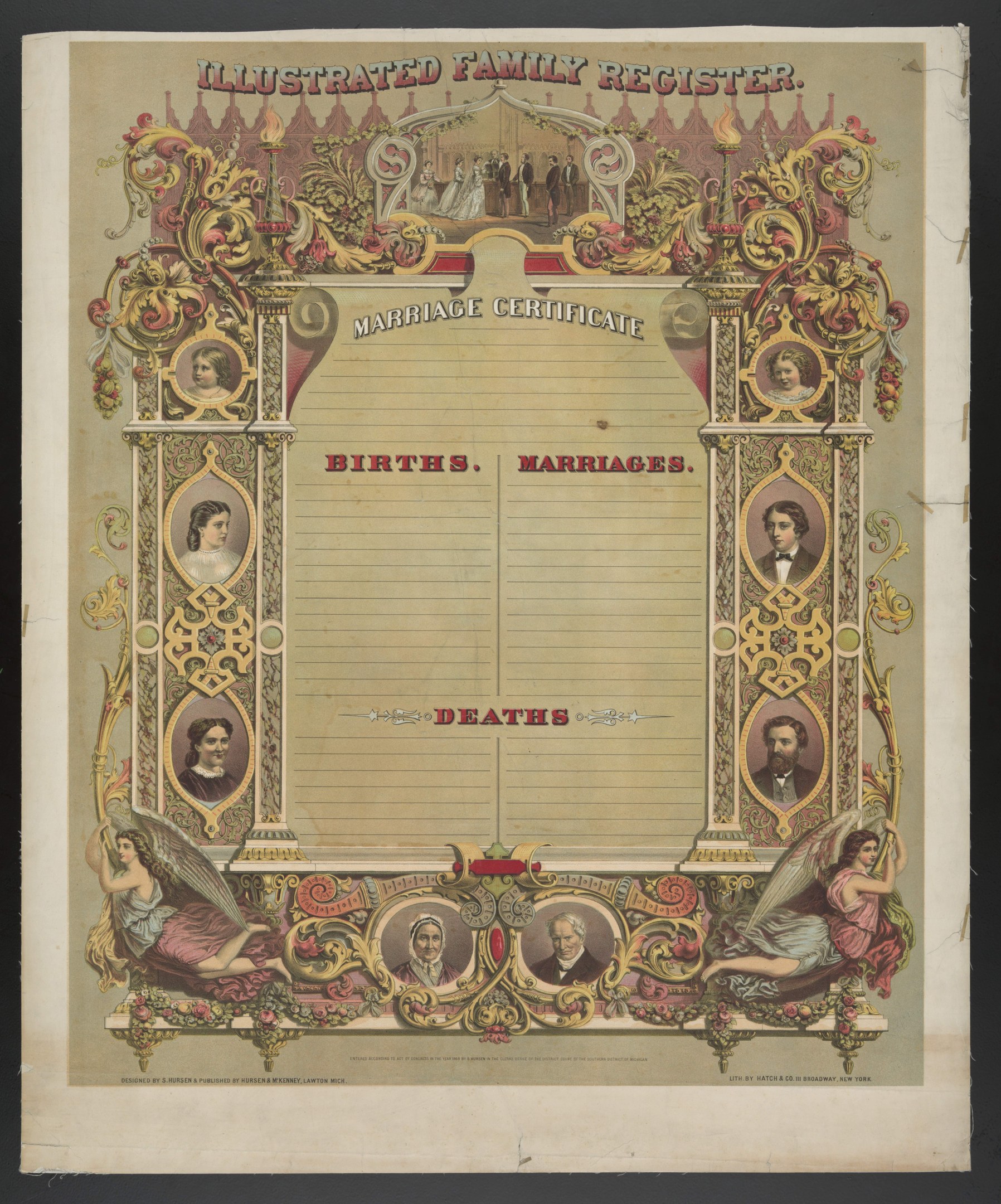 Verzierte Familienbuch-Eintragungsurkunde mit schwarzem Hintergrund, mit Bildern von Menschen und Text 'Geburten, Hochzeiten, Tode'.