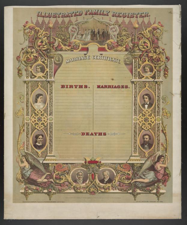 Verzierte Familienbuch-Eintragungsurkunde mit schwarzem Hintergrund, mit Bildern von Menschen und Text 'Geburten, Hochzeiten, Tode'.