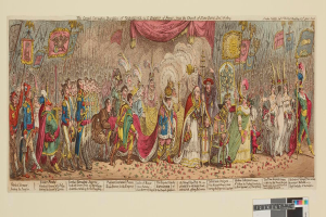 Eine Gruppe von Menschen in bunten Kostümen steht vor einer Bühne mit einem Vorhang, feiernd den Großen Karneval von Napoleon, dem Kaiser von Frankreich, aus der Kirche Saint-Denis, Dezember 1785, mit einigen, die Fahnen und Dekorationen halten.