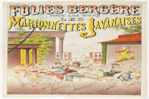 Ein Plakat, das eine Tanzshow in Paris ankündigt, mit einer Gruppe von Menschen im Vordergrund, die tanzen, sowie einem Gebäude, Bäumen und Himmel im Hintergrund und Text auf dem Plakat.