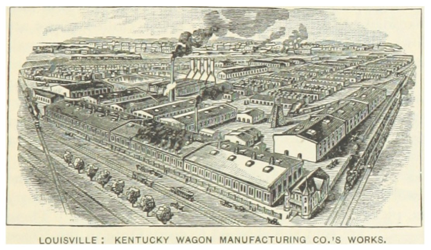 Ein Vintage-Plakat, das die Werke der Louisville, Kentucky Wagon Manufacturing Co. zeigt, mit Gebäuden, Fahrzeugen und Rauch im Hintergrund und Text unten.