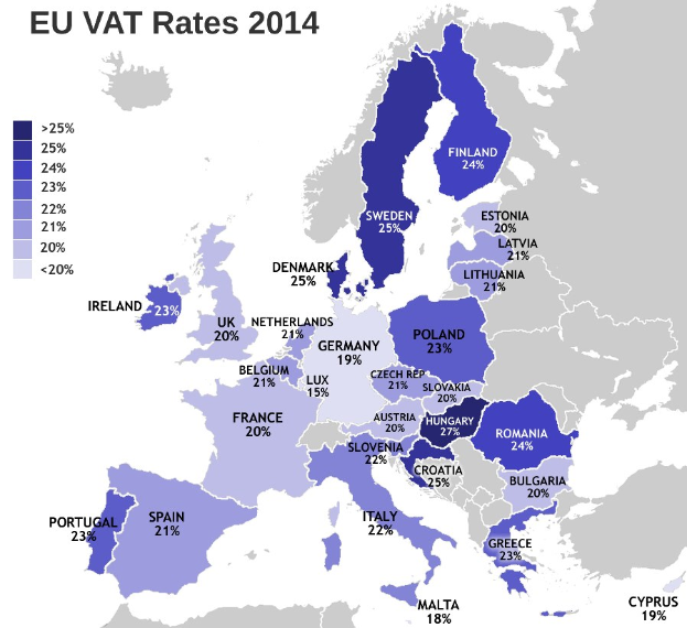 Eine Karte von Europa, die die EU-Mehrwertsteuersätze von 2014 als Prozentangaben mit entsprechenden Texten anzeigt.