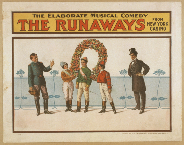 Plakat für "Die Elaborate Musical Comedy Runaways aus dem New Yorker Casino" mit einer Gruppe von Menschen in einer Reihe, wobei einer einen Blumenstrauß hält, und Text, der die Comedy beschreibt.