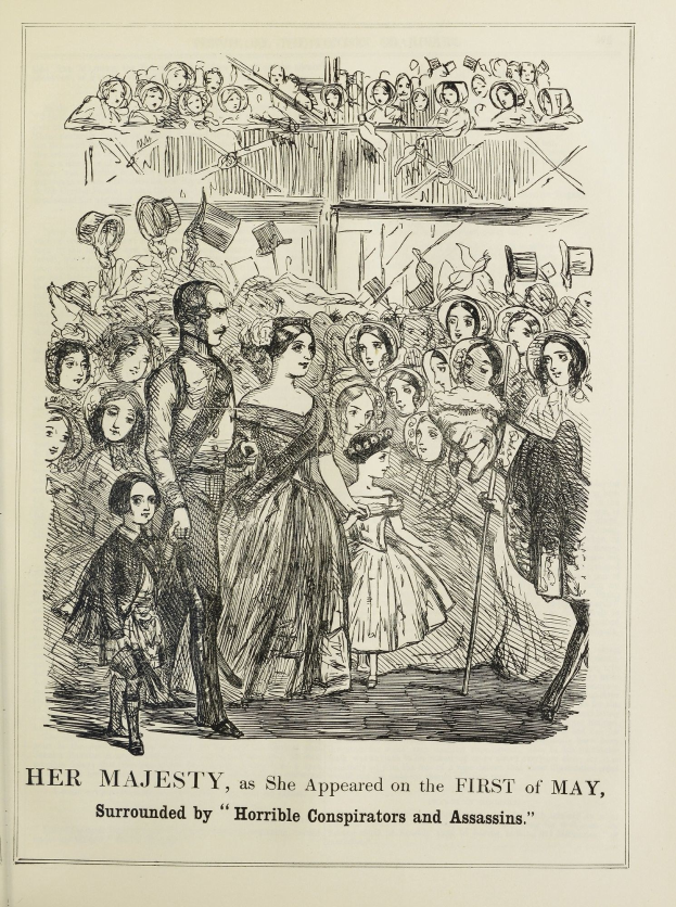 Alte Buchillustration, die einen Mann in einem langen Mantel und Hut und eine Frau in einem prunkvollen Kleid zeigt, die vor einer Menge stehen, mit der Bildunterschrift "Ihre Majestät, wie sie am ersten Mai erschien, umgeben von schrecklichen Verschwörern und Attentätern".