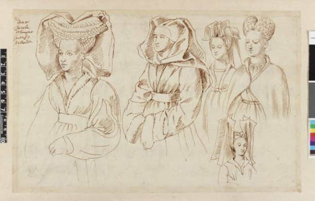 Ein detailliertes, realistisch gezeichnetes Bild von drei Frauen in Kleidern und Hüten mit leuchtenden Farben, einer Skala und einem Farbpalette auf dem Papier.