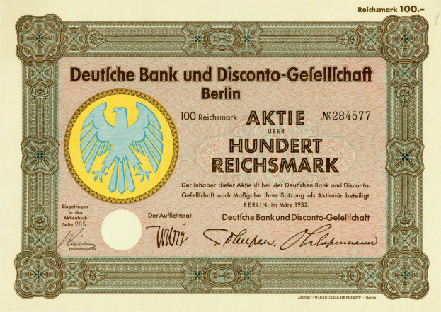 Alte deutsche Banknote mit einem Vogel Design und der Aufschrift "Deutsche Bank und Disconto-Gesellschaft Berlin".