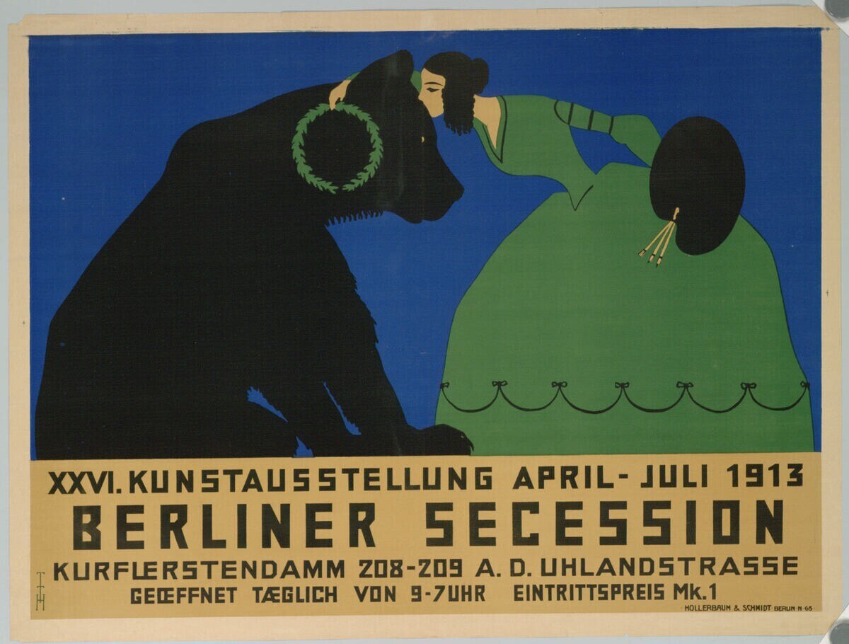 Plakat für die Berliner Secession Ausstellung 1913, das eine Frau und einen Hund mit Text zeigt, der die Veranstaltungsdetails angibt.