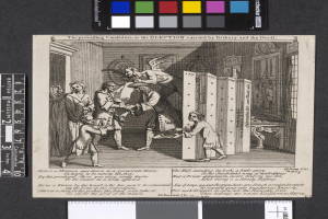 Eine Schwarz-Weiß-Radierung einer Gruppe von Menschen in einem Raum, die sich um ein zentrales Papier mit Text- und Farboptionen oben sammeln, symbolisiert eine korrupte Wahl.