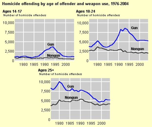 Eine Liniendiagramm, das die Homicid-Offending-Rates nach Alter des Täters und Waffengebrauch von 1976 bis 2004 zeigt, mit begleitendem erklärendem Text.