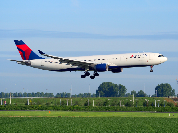 Delta Air Lines Boeing 787-9 Dreamliner in Startposition über dem Frankfurter Flughafen, mit grünem Gras darunter, Laternenpfählen, Bäumen und einem Turm im Hintergrund unter einem teilweise bewölkten Himmel.