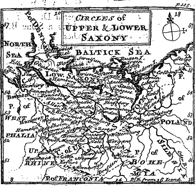 Schwarz-weiß-Karte von Ober- und Niedersachsen, die geografische Merkmale wie Flüsse, Berge und Städte zeigt, mit zusätzlichen Textanmerkungen.