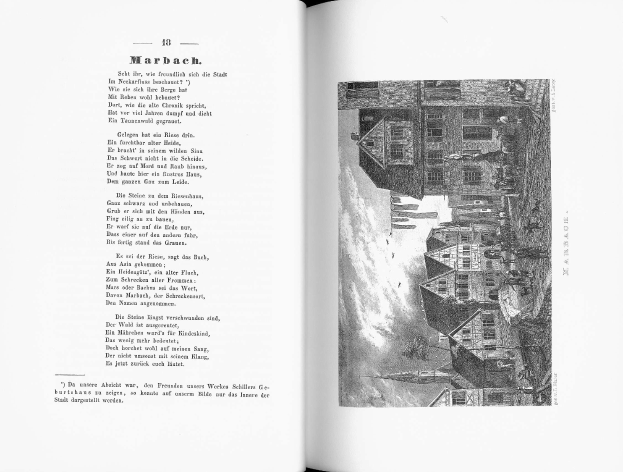 Offenes Buch mit dem Titel "Die Geschichte Deutschlands" zeigt eine Schwarz-Weiß-Illustration einer Stadtlandschaft mit Gebäuden, Menschen und Himmel neben Text.