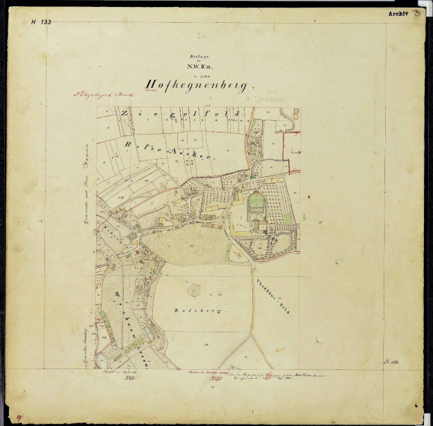 Alte Karte von Hofhegenberg, Deutschland, mit schwarzem Rand markiert, zeigt Straßen, Gebäude und Sehenswürdigkeiten.