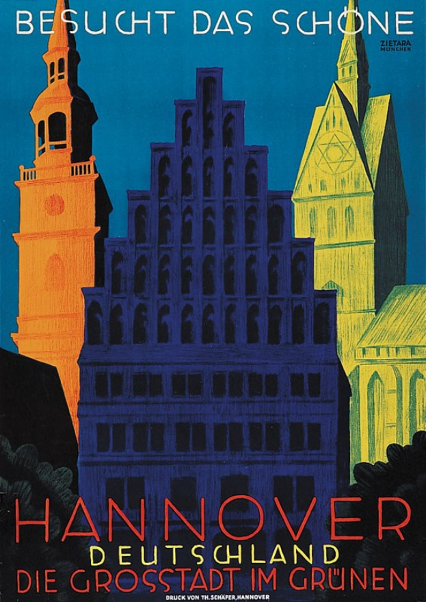 Plakatwerbung Hannover, Deutschland, mit Gebäuden, Bäumen und Text über die Stadt.