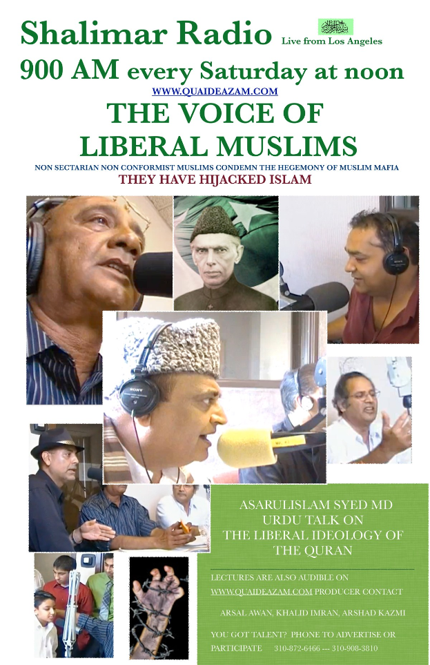 Plakat für eine Radioshow namens 'Die Stimme der liberalen Muslime', mit Bildern von Menschen mit Headsets und Mikrofonen in einem Gespräch.