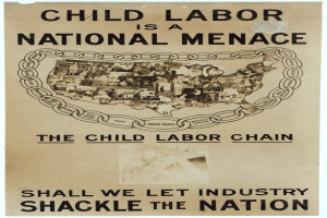 Plakat mit der Überschrift "Kindera(r)beit ist eine nationale Gefahr - Sollen wir der Industrie die Nation ausliefern" in fetter schwarzer Schrift auf weißem Hintergrund, das eine vielseitige Gruppe von Menschen in Solidarität zeigt.