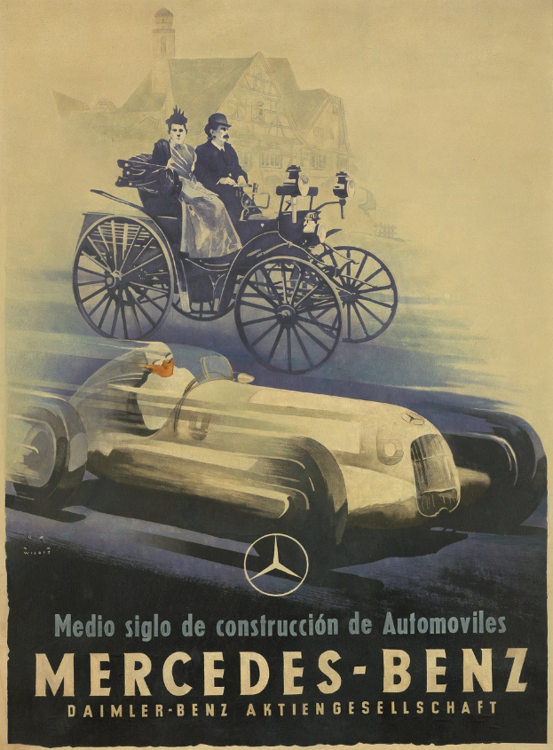 Vintage-Werbung für Mercedes-Benz aus den 1930er Jahren mit einem Plakat, das ein Auto, zwei Personen im Inneren und ein Geb├Ąude im Hintergrund zeigt, begleitet von beschreibendem Text.