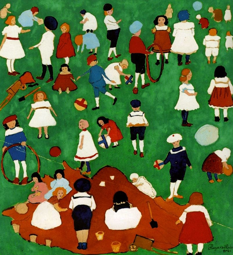 Malerei von Kindern, die auf einem Feld spielen und Bälle und Schaufeln halten, mit einem Wasserzeichen auf der rechten Seite.