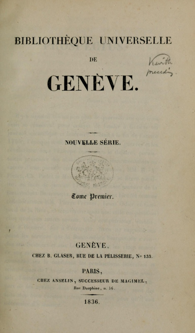 Ein altes Buch mit dem Titel "Bibliothèque Universitaire de Geneve" ist geöffnet und zeigt Text im Inneren.