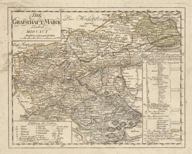 Alte detaillierte Karte von München, Deutschland, mit Straßen, Parks und Sehenswürdigkeiten in Blau-, Grün- und Gelbtönen und einem dekorativen Rahmen.