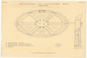 Ein detaillierter Grundriss der Reichshauptbank in Berlin, Deutschland, zeigt ein rundes Gebäude mit zahlreichen Fenstern, begleitet von Text und einem Layout-Plan.