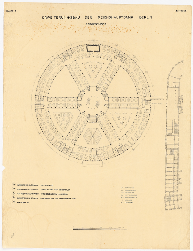 Ein detaillierter Grundriss der Reichshauptbank in Berlin, Deutschland, zeigt ein rundes Gebäude mit zahlreichen Fenstern, begleitet von Text und einem Layout-Plan.