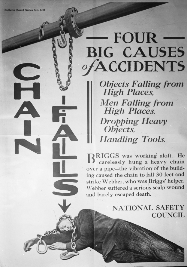 Ein schwarz-weißer Plakat mit einer Person auf einem Pfahl mit Ketten, betitelt mit "Vier große Unfallursachen".