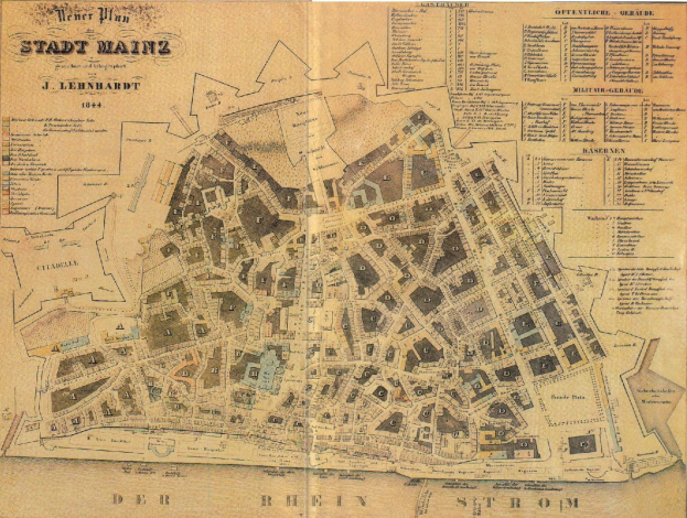 Detailiertes altes Stadtplan von Mainz, Deutschland, zeigt Straßen, Gebäude und Sehenswürdigkeiten auf vergilbtes Papier.