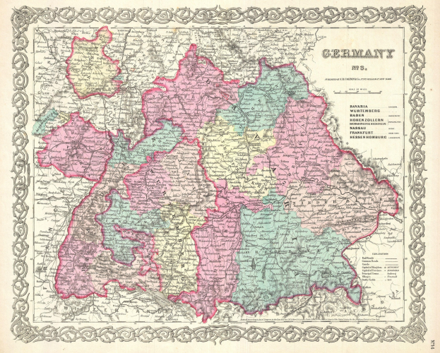 Alte Deutschlandkarte auf Papier, mit detaillierten regionalen Texten und hervorgehobenen Provinzen Bayern, Baden-Württemberg und Baden.