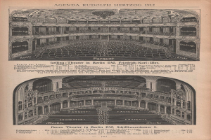 Schwarz-weiß-Illustration einer alten Buchseite mit einer detaillierten Zeichnung eines großen Berliner Auditoriums aus dem Jahr 1912, begleitet von Text, der das Layout beschreibt.