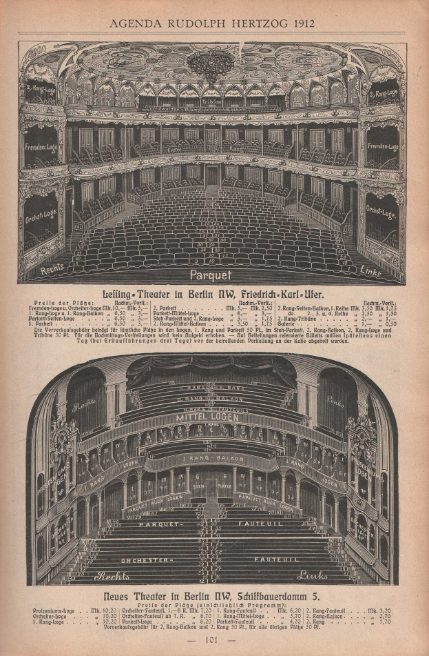 Schwarz-weiß-Illustration einer alten Buchseite mit einer detaillierten Zeichnung eines großen Berliner Auditoriums aus dem Jahr 1912, begleitet von Text, der das Layout beschreibt.