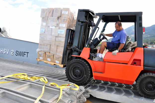 Ein Mann in einem blauen T-Shirt, blauen Shorts und weißen Schuhen fährt einen Gabelstapler mit Kisten auf der Ladefläche, mit Bergen, Bäumen und einem klaren blauen Himmel im Hintergrund.