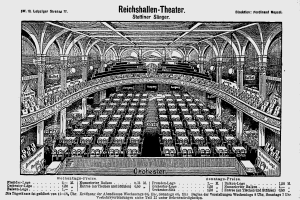 Eine Schwarz-Weiß-Zeichnung des Reichshallen Theaters in Berlin, Deutschland, die den Zuschauerraum mit Sitzreihen, Säulen und einer Decke zeigt, mit Text unten.