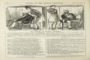 Ein altes Buchcover mit einem Mann in einem Anzug sitzend in einem Stuhl mit ernstem Gesichtsausdruck und einer Frau daneben nachdenklich aussehend; der Text lautet "Die Macht der öffentlichen Meinung".