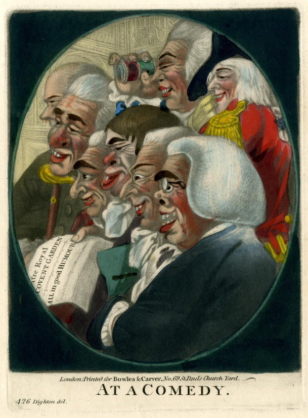 Gruppe von Menschen, die in einem Kreis bei einem Comedy-Event lachen, einer hält ein Blatt Papier in der Hand, mit dem Text "Bei einer Comedy" unten.