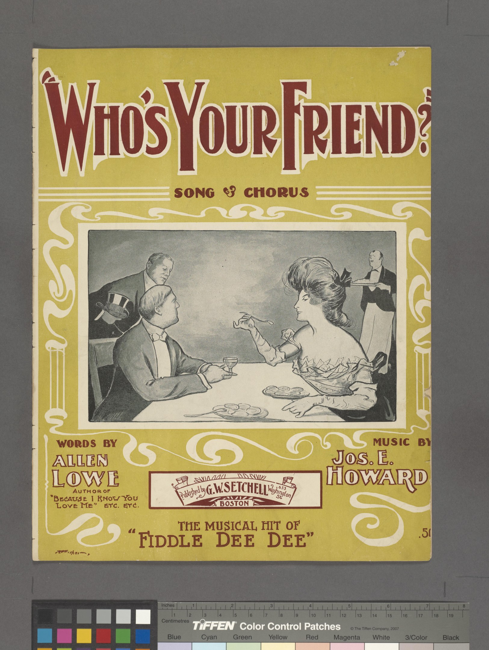 Plakat mit fetter schwarzer Schrift "Who's Your Friend? Song & Chorus" auf einem weißen Hintergrund, das eine bunte Illustration einer Gruppe von Menschen zeigt, die im Kreis stehen und einen Mann in einem blauen Anzug und eine Frau in einem rosa Kleid umgeben, umgeben von einem gelben Rand.