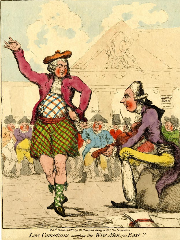 Zeichnung eines Mannes in einem Kilt und einer Frau in einem Kleid, die vor einem Publikum auf einer Bühne stehen, mit einem Gebäude im Hintergrund und einer bewölkten Sonne, mit der Bildunterschrift 'Niedrige Komiker unterhalten die weisen Männer des Ostens' unten.