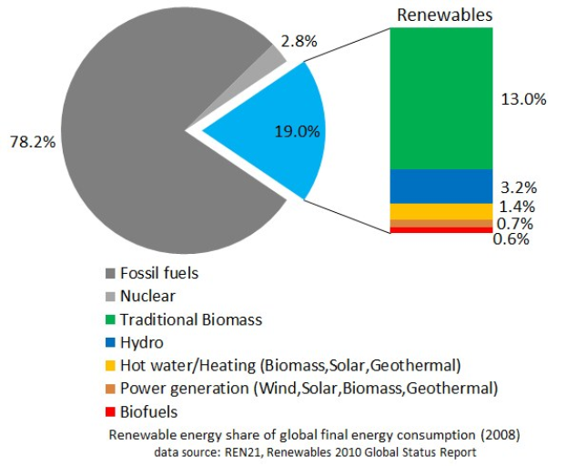 Ein Kreisdiagramm, das den globalen erneuerbaren Energieverbrauch im Jahr 2008 zeigt, unterteilt in Abschnitte für fossile Brennstoffe, Kernenergie, Wasser, Warmwasser, Heizung, Biomasse, Solar, Geothermie und Biokraftstoffe, mit begleitendem Text.