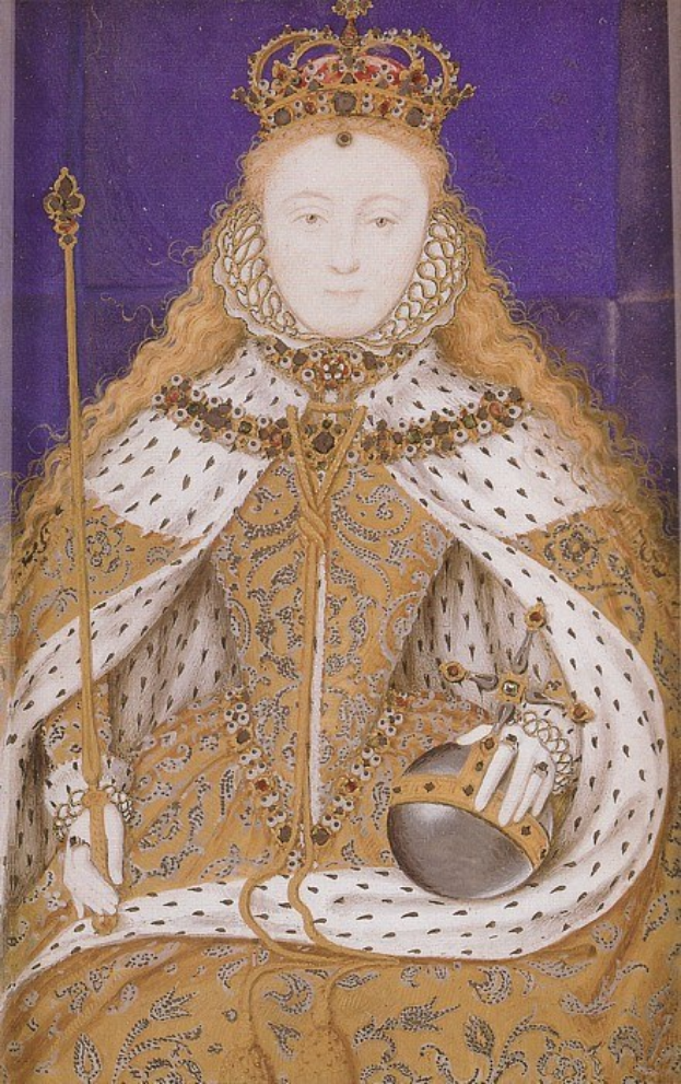 Gemälde der Queen Elizabeth I. von England in königlicher Kleidung, mit Krone und Zepter, mit einem Dutt und einem würdevollen Gesichtsausdruck.
