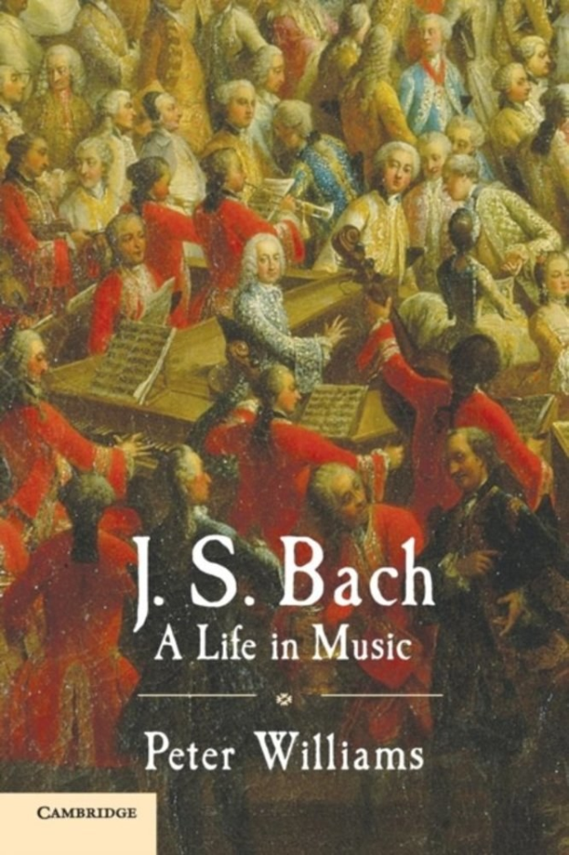 Ein Plakat f├╝r "Ein Leben in der Musik" von J.S. Bach, das eine Gruppe von Menschen zeigt, die verschiedene Musikinstrumente spielen, mit dem Buchtitel oben prominent angezeigt.