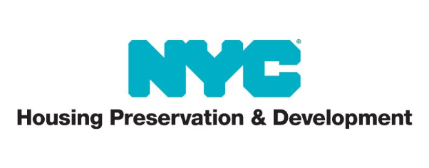 Weißer Hintergrund mit zentralem schwarzem Text "NYC Housing Preservation & Development" in einer modernen, professionellen Schriftart, umgeben von einem schmalen schwarzen Rand.
